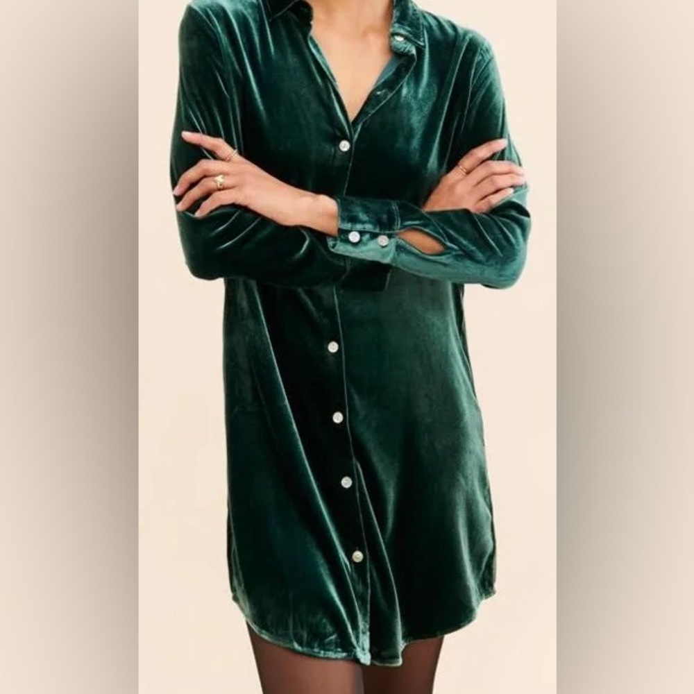 FAHERTY Dark Green Velvet Shirt Dress